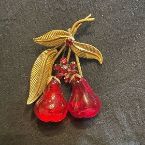 Vintage Red Glossy Pear Austrian Fruit Brooch with Red Rhinestones